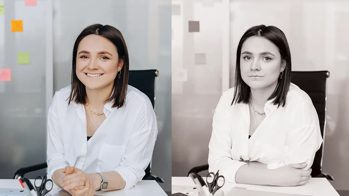 A woman at work in 2 photos: 1 in colour, 1 in black and white.